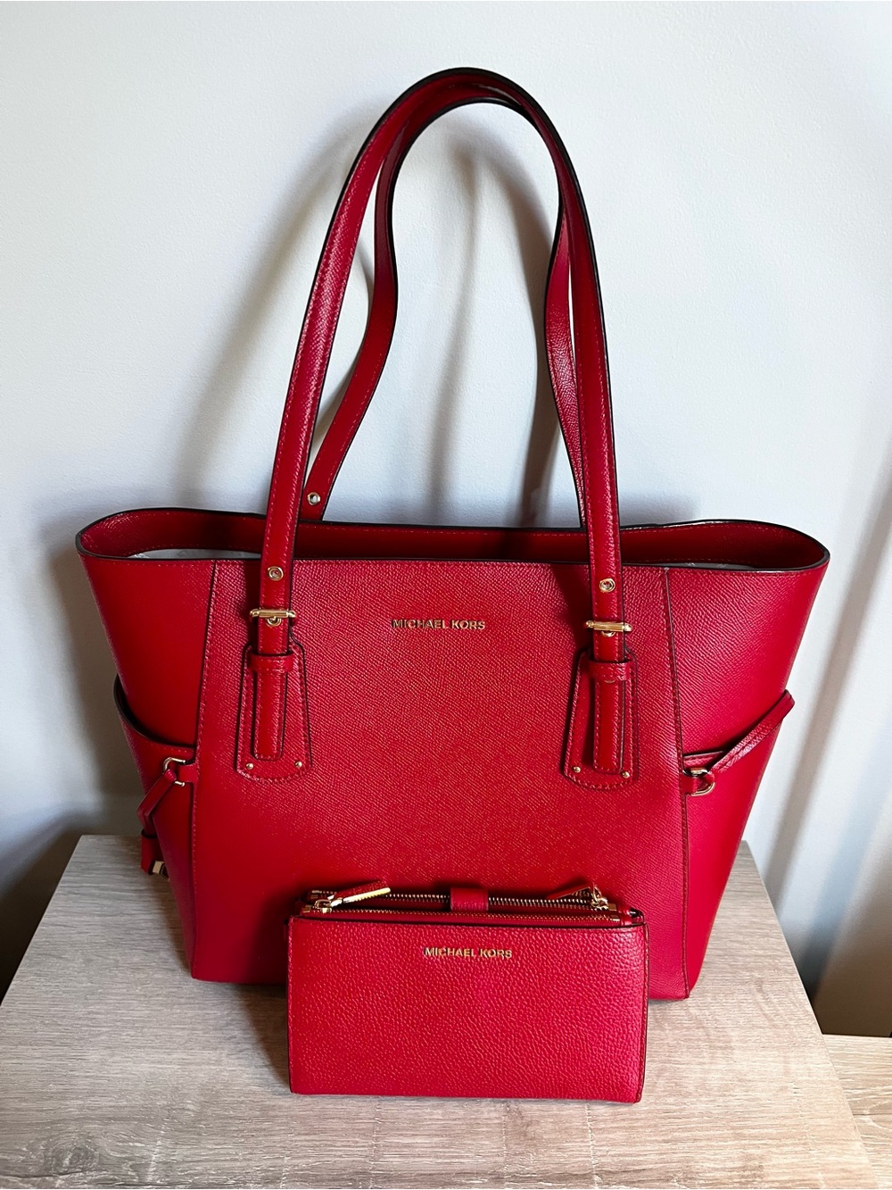 Michael Kors Voyager Tote + Matching Wallet Crimson Red Crossgrain Leather